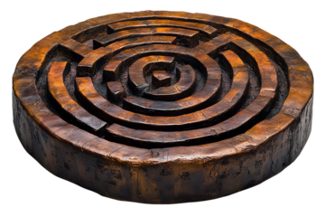 Intricately designed maze in a circular form, symbolizing challenge and exploration, on a white isolated background.