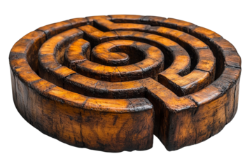 Intricate wooden maze design, with swirl patterns, isolated on white background, showcasing craftsmanship and artistic flair.