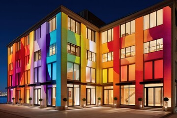 Colorful building facade illuminated with vibrant light projections at night
