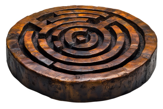 Intricately designed maze in a circular form, symbolizing challenge and exploration, on a white isolated background.