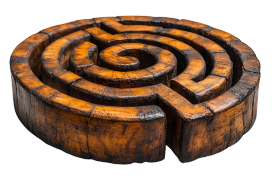 Intricate wooden maze design, with swirl patterns, isolated on white background, showcasing craftsmanship and artistic flair.