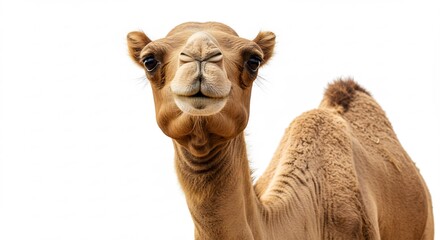 Curious camel stares intently against bright white background. AI Generated