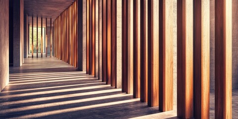 Modern, sun-drenched hallway with wooden slats