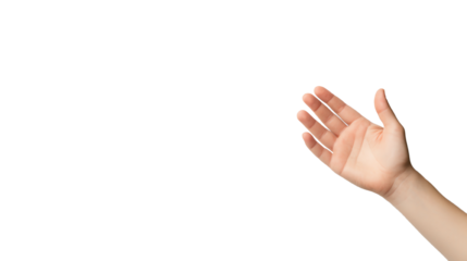 Open hand gesture welcoming and inviting, on white isolated background.