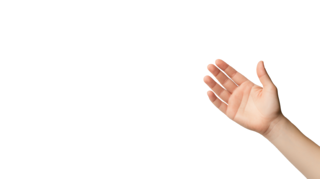 Open hand gesture welcoming and inviting, on white isolated background.