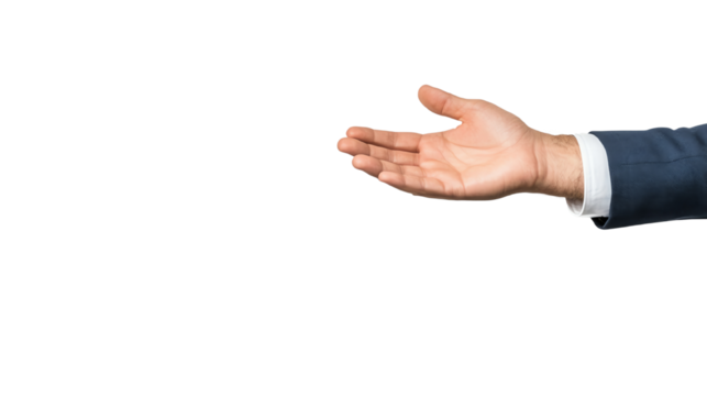 Outstretched hand in a business suit, symbolizing welcome or agreement, isolated on a white background.