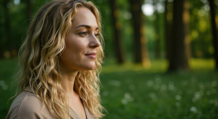 Naklejka premium Woman with curly blonde hair and gentle smile in sunlit forest. Natural beauty moment for wellness campaigns, organic cosmetics promotion or outdoor lifestyle content