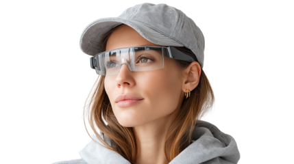 Portrait of a stylish woman wearing glasses and a cap, exuding confidence and a modern vibe, perfect for fashion and lifestyle themes.