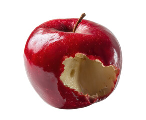 Red apple with a bite taken out revealing its juicy interior on a transparent background, cut out