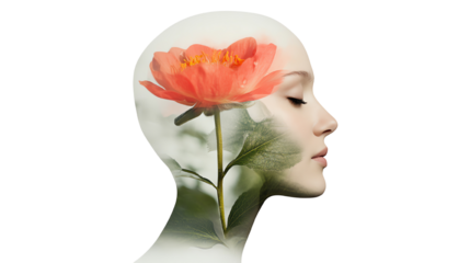 Profile silhouette featuring a vibrant flower, symbolizing inner beauty and growth against a white isolated background.