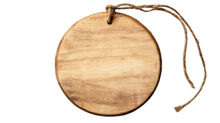 Round wooden tag with a string for labeling or decoration, isolated on a white background.