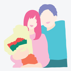 happy couple selfie holding a bouquet flowers vector illustration