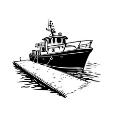 Obraz premium Monochrome nautical scene showcasing a boat docked beside a simplistic pier structure