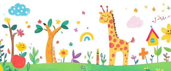 Fototapeta premium Naive children's chalk drawing of a giraffe with numbers, letters, rainbow, animals, and nature elements on a white background. Cute crayon-style doodle with pastel colors
