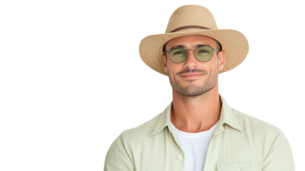 Smiling man wearing a hat and sunglasses, dressed casually with a cheerful expression, good vibes.