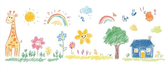 Naive children's chalk drawing of a giraffe with numbers, letters, rainbow, animals, and nature elements on a white background. Cute crayon-style doodle with pastel colors