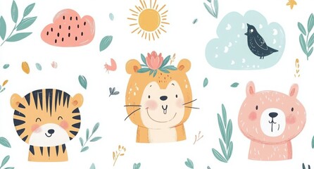 Naive children's chalk drawing of a giraffe with numbers, letters, rainbow, animals, and nature elements on a white background. Cute crayon-style doodle with pastel colors