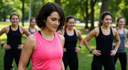 Woman in pink tank top instructing outdoor fitness class in green park. Group exercise training for wellness programs, boot camp services or women's fitness community events