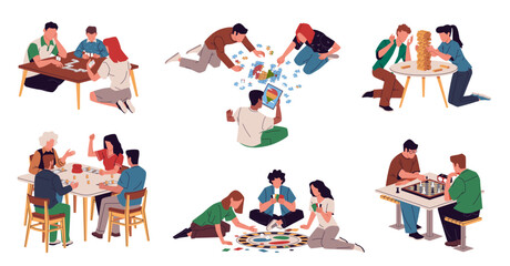Fototapeta premium Home gatherings with friends. People play in board games, happy players together, dominoes, puzzles, jenga, lotto and chess, collective hobby, cartoon flat isolated illustration nowaday vector set