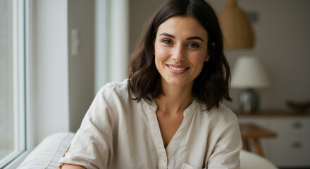 Brunette woman with genuine smile in white linen shirt by window with soft natural light. Portrait conveying confidence and warmth for wellness, personal growth and professional development concepts