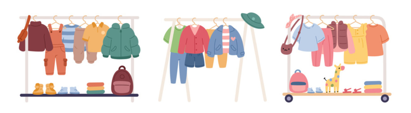 Hanger racks with kids clothes. Boys and girls wears, store coasters, footwear, accessories, jackets, tee shirts and bags, shopping for children cartoon flat isolated garish vector set