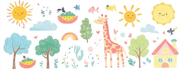 Obraz premium Naive children's chalk drawing of a giraffe with numbers, letters, rainbow, animals, and nature elements on a white background. Cute crayon-style doodle with pastel colors