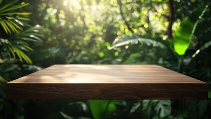 Naklejka premium Empty wooden platform in lush jungle setting