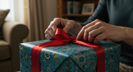 Hands tying red ribbon on blue patterned gift box in living room. Holiday present wrapping for celebration occasions and gift-giving traditions that create meaningful moments
