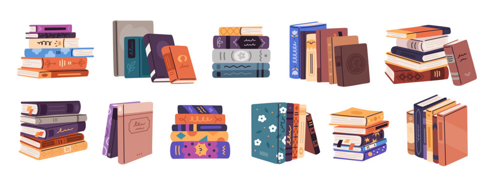 Books stacks. Education literature with different covers, library rows, piles, poetry, prose and novels, detective stories, knowledge symbol, cartoon flat composition, garish vector set