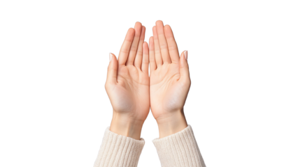 Two open hands offering a space for support and connection, symbolizing care and trust, isolated on a white background.