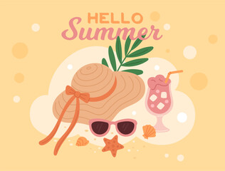 Beach straw hat poster. Summer time, sea vacations, sunglasses, cocktail and panama on sand with seashells, relax on beach. Fashion headwear cartoon flat isolated garish vector concept
