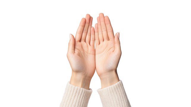 Two open hands offering a space for support and connection, symbolizing care and trust, isolated on a white background.