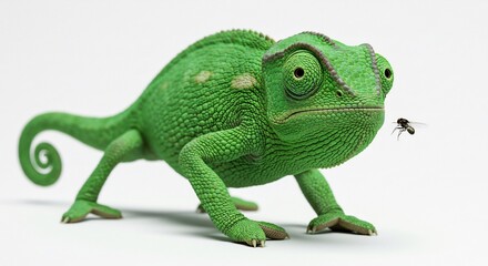 Fototapeta premium Green chameleon patiently stalks insect prey against bright white background. AI Generated