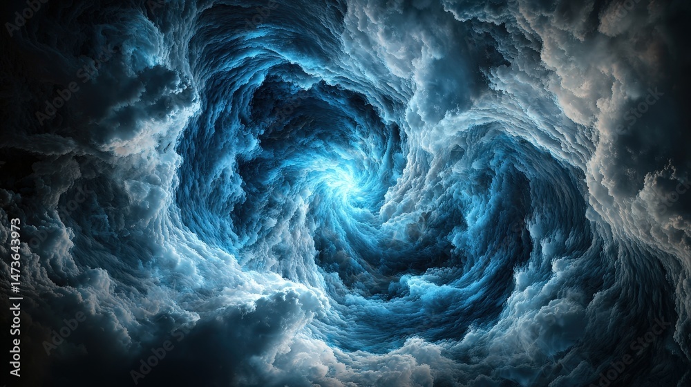 Poster epic cosmic swirl in deep blue sky digital art surreal environment aerial view visual concept