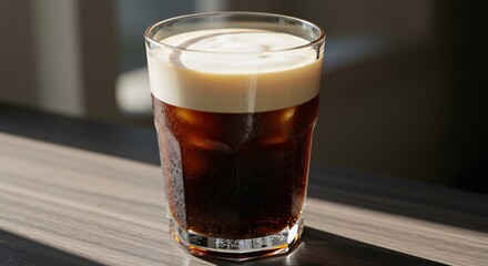 Refreshing iced coffee drink sits on dark wood subtly lit by sunlight. AI Generated