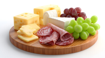 Charcuterie board with assorted cheese, meat and grapes isolated on white background