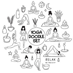 Yoga Doodle Set collection. Diverse Yoga Poses, Symbols, and Illustrations for your projects