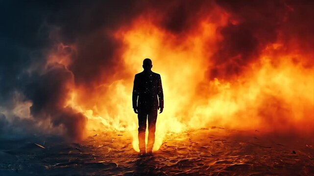 A solitary figure stands between contrasting realms of fire and shadow