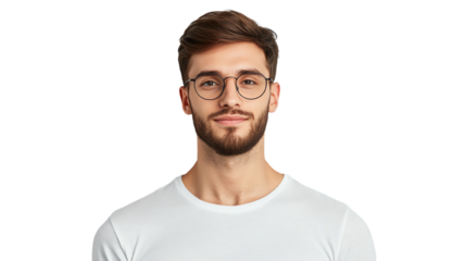 Young man with glasses smiling against a white background, presenting a cheerful and approachable demeanor.