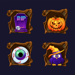 Four Halloween icons or symbols in Spooky frame tree design for decoration elements design greeting cards, invitation, print, game elements or slot symbols. RIP, pumpkin, eye and cartoon own.