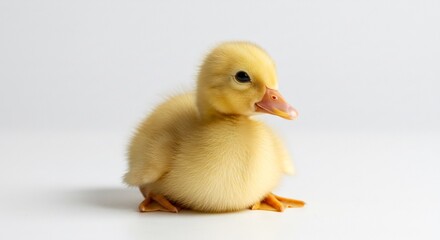 Adorable fluffy duckling rests softly lit against white background. AI Generated