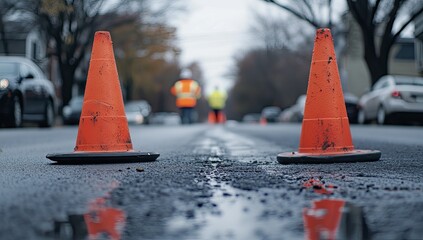 Road construction cones on wet asphalt. Workers in the background