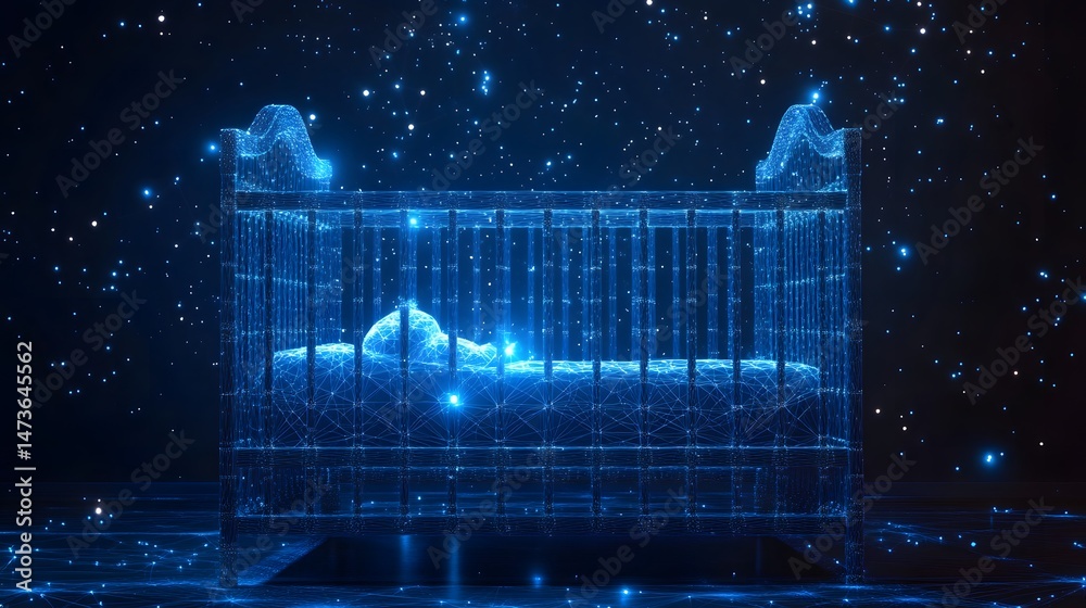 Aufkleber futuristic baby crib rendered as a glowing blue wireframe with a baby inside. set against a star-fil