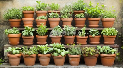 Terracotta herb garden on tiered shelves