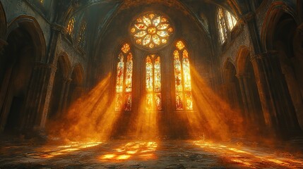 Amber light filters through the stained-glass windows of a forgotten cathedral, casting intricate patterns on the dusty floor, a silent testament to time and artistry