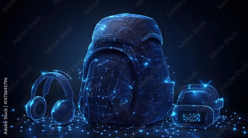 Poster digital wireframe rendering showcases a glowing backpack, headphones, and vr headset. perfect for te