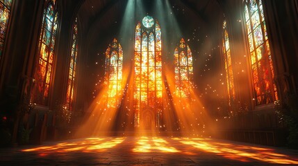 Amber light streams through stained-glass windows, dust motes dance in the illuminated space, a sense of peace and serenity fills the old chapel
