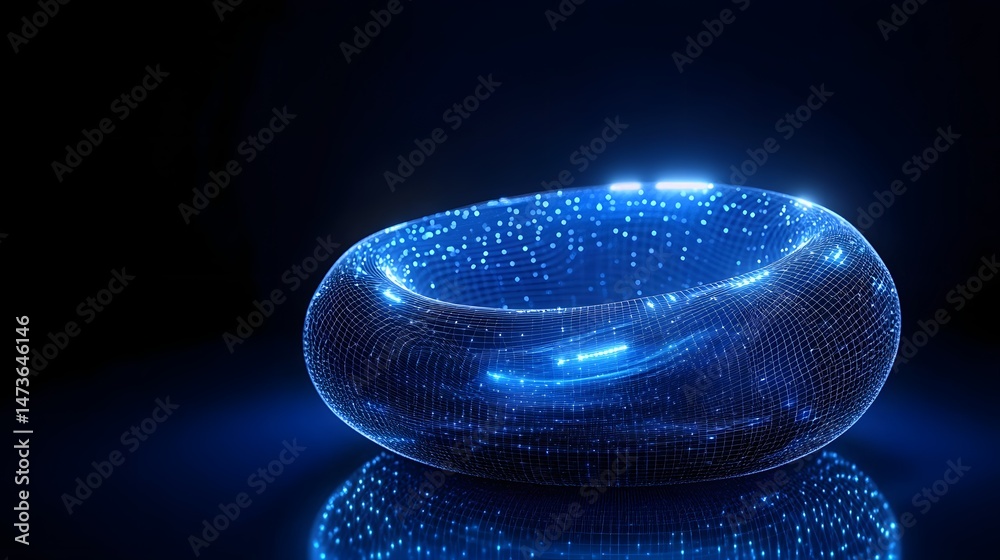 Poster a mesmerizing, glowing blue torus dominates the frame. its grid-like construction and illuminated po