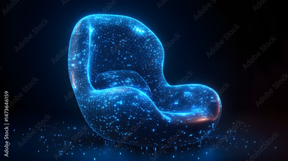 Leinwandbilder futuristic wireframe chair design with glowing blue lines and dots on a particle-filled surface, set