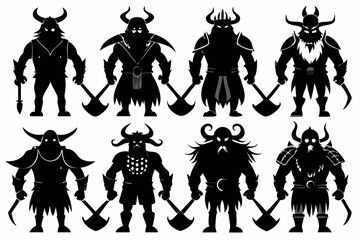 black Set of vector black silhouettes of Viking icon isolated on a white background
